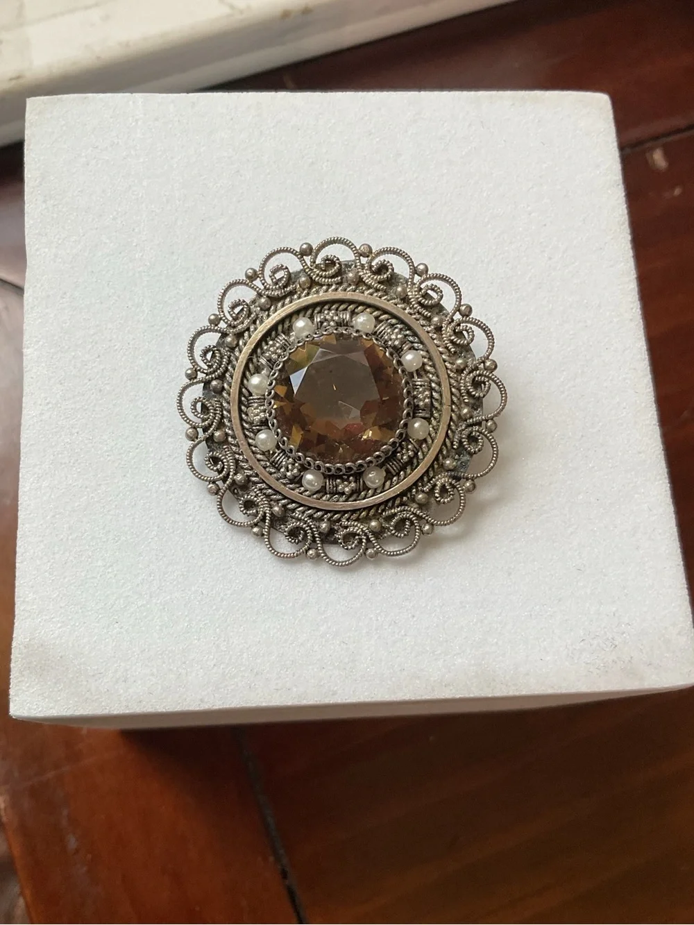 Vintage Israel Sterling Silver Smoky Quartz Filigree Brooch Pendant